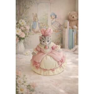 Vintage Kitty Cucumber Cat Figurine Pink Dress Bow Schmid 1985 B Shackman